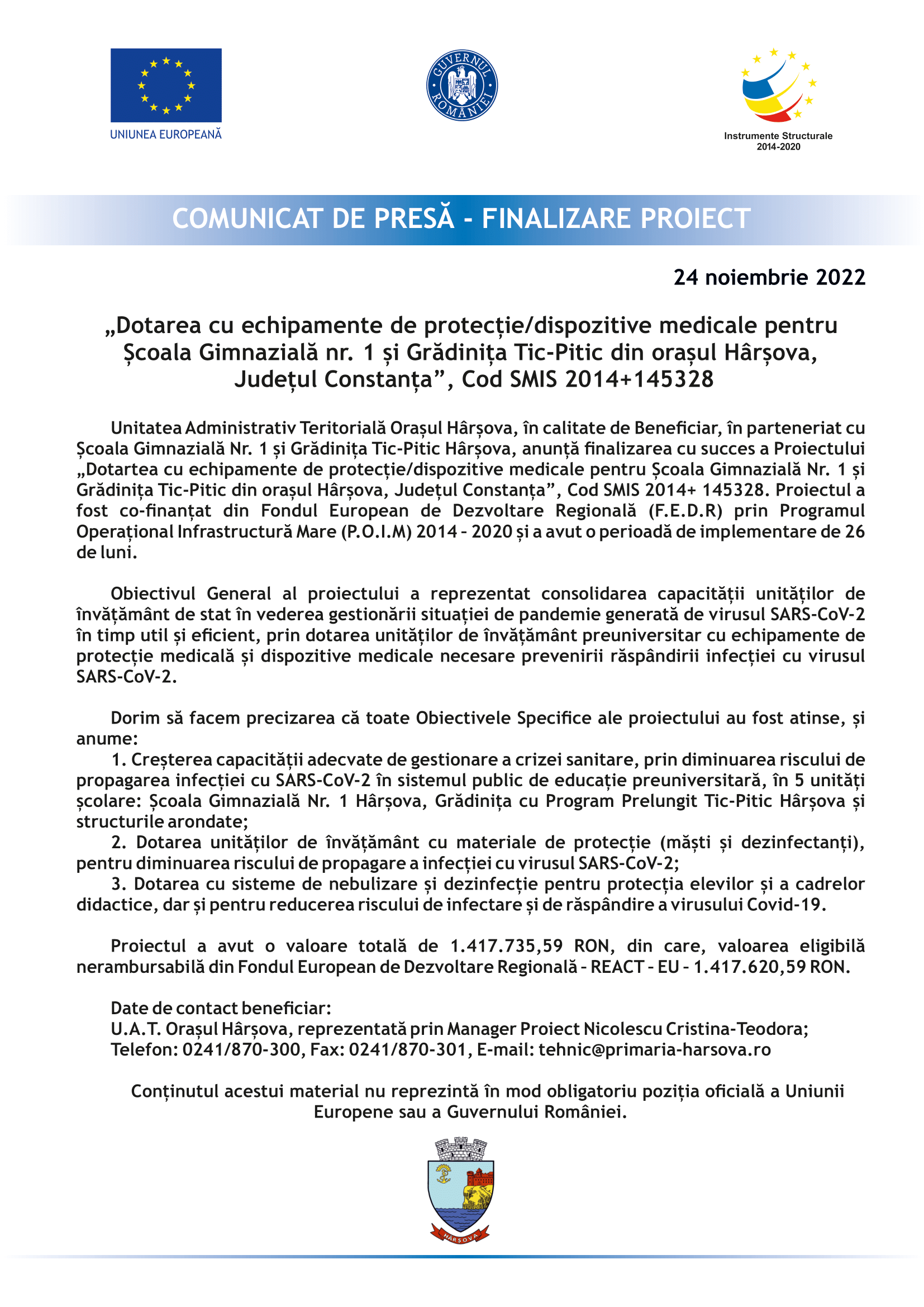 comunicat de presa finalizare harsova 24 nov-1