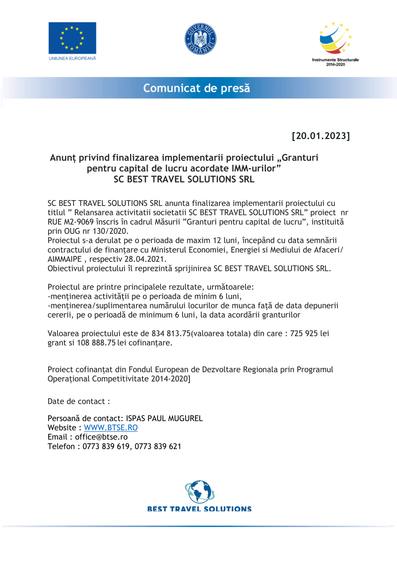Comunicat de presa inchidere proiect BEST TRAVEL SOLUTIONS