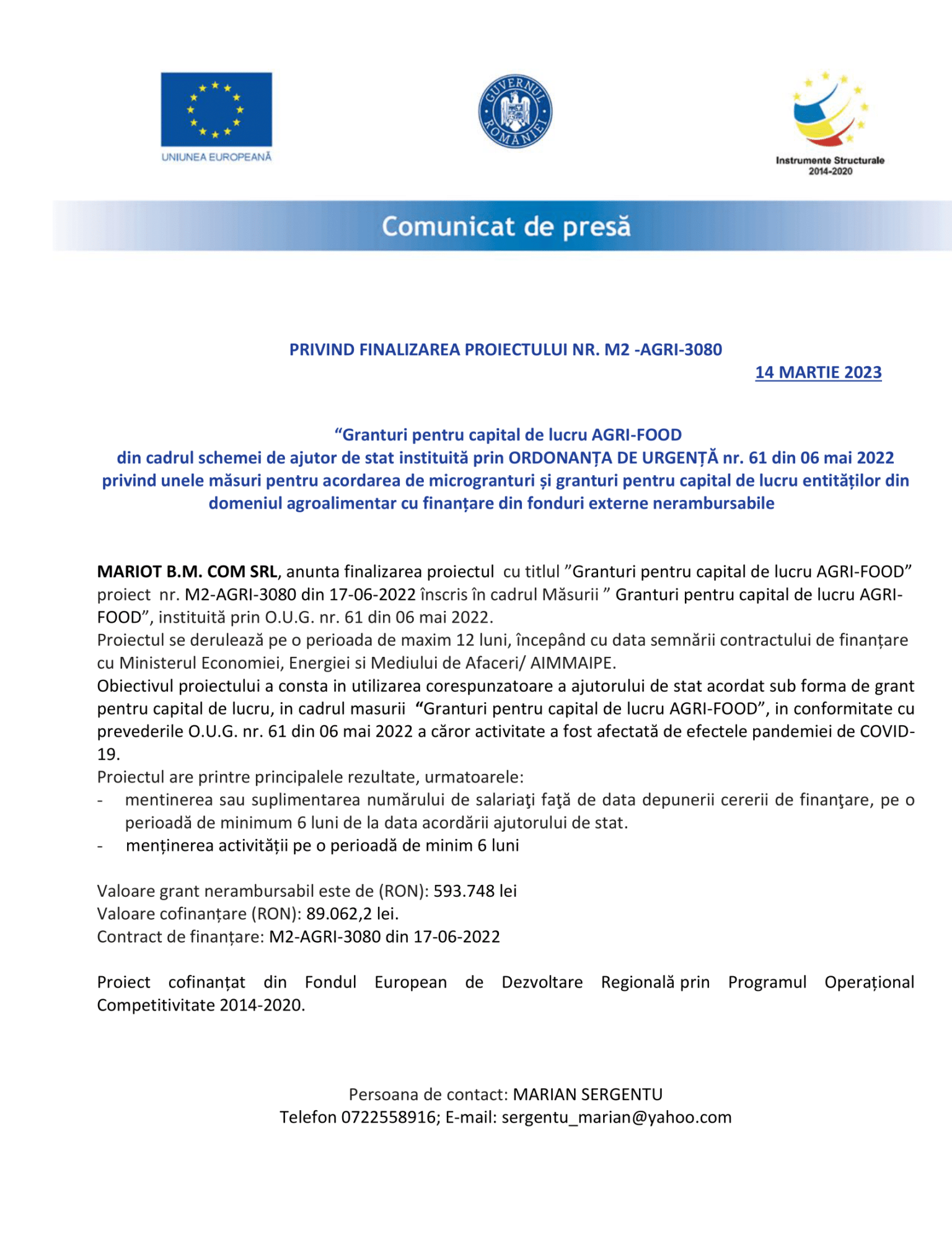 1. Comunicat finalizare MARIOT B.M. COM-1