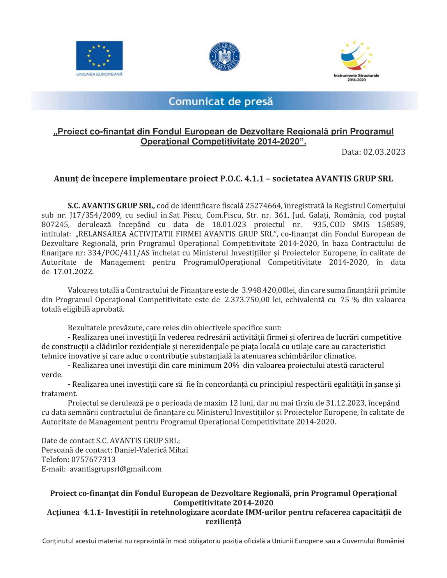 Anunt de presa-AVANTIS