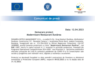 Comunicat de Presa - lansare proiect DUNAREA HOTELS MANAGEMENT SRL