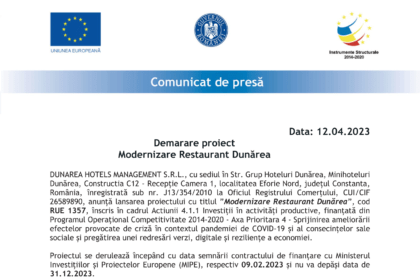 Comunicat de Presa - lansare proiect DUNAREA HOTELS MANAGEMENT SRL