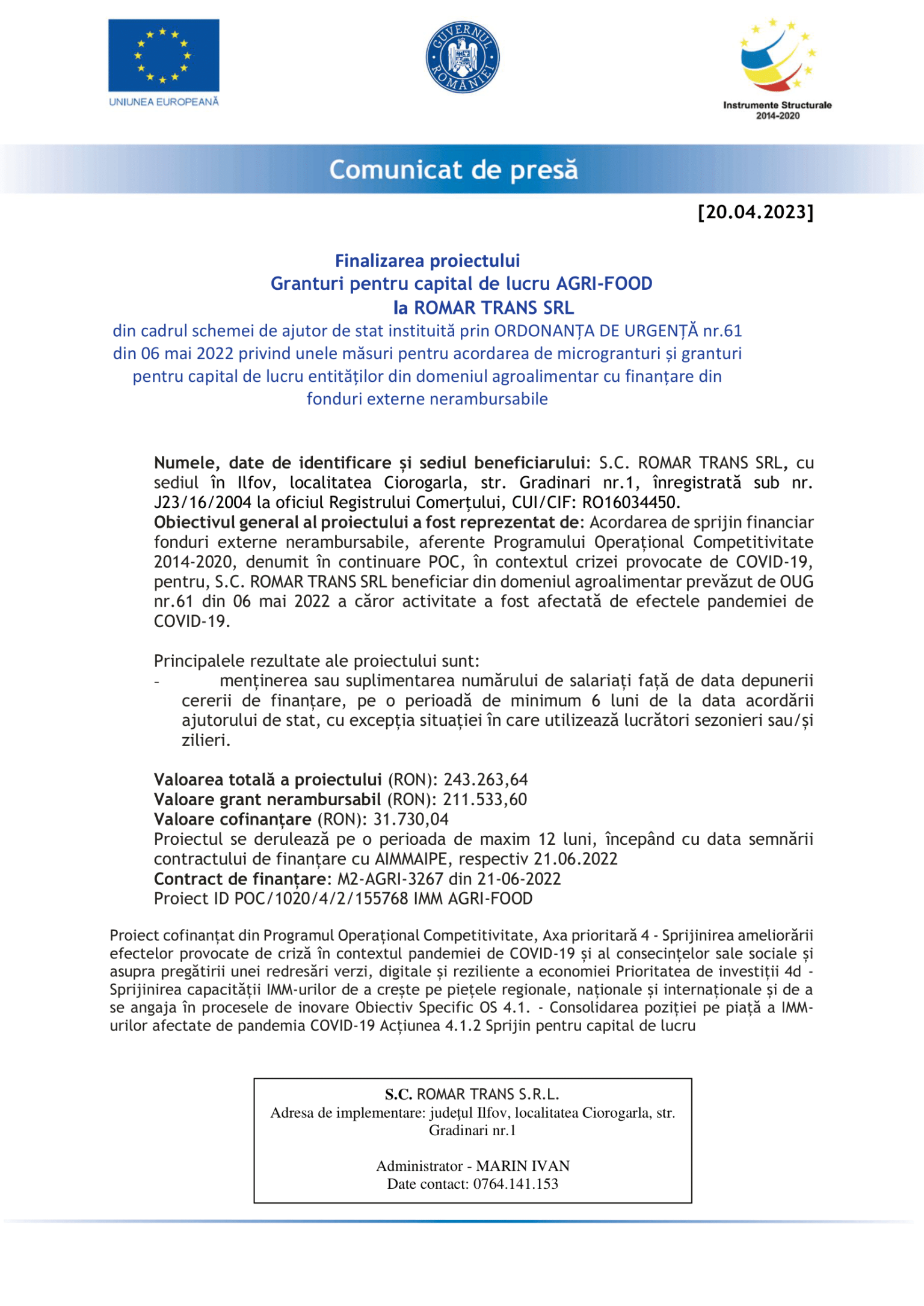 Comunicat de presa finalizare Romar