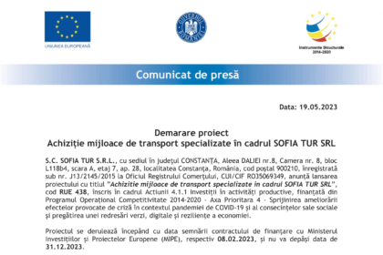 Comunicat de Presa - lansare proiect SOFIA TUR POC 4.1.1