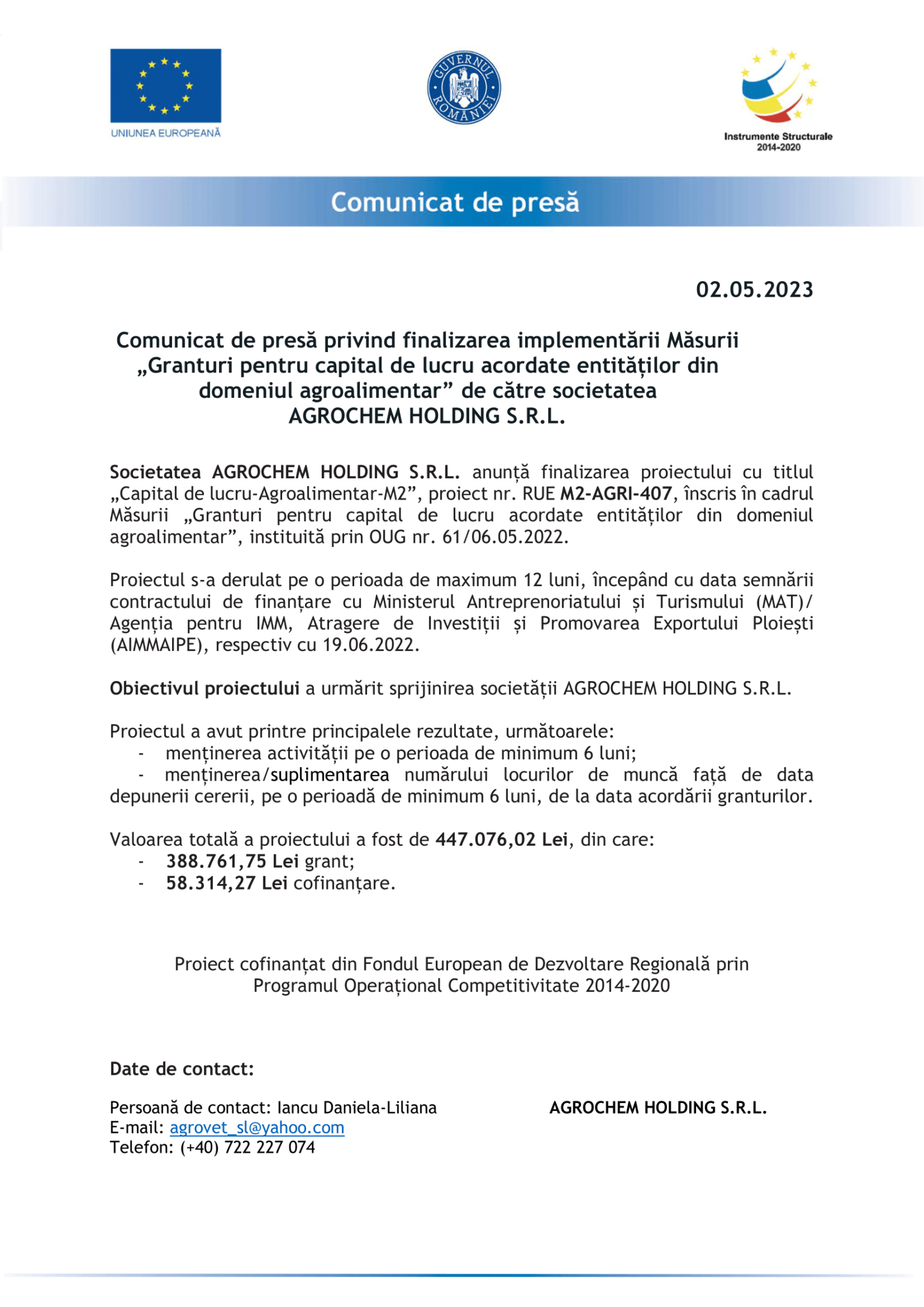 Comunicat finalizare proiect_Agrochem Holding SRL