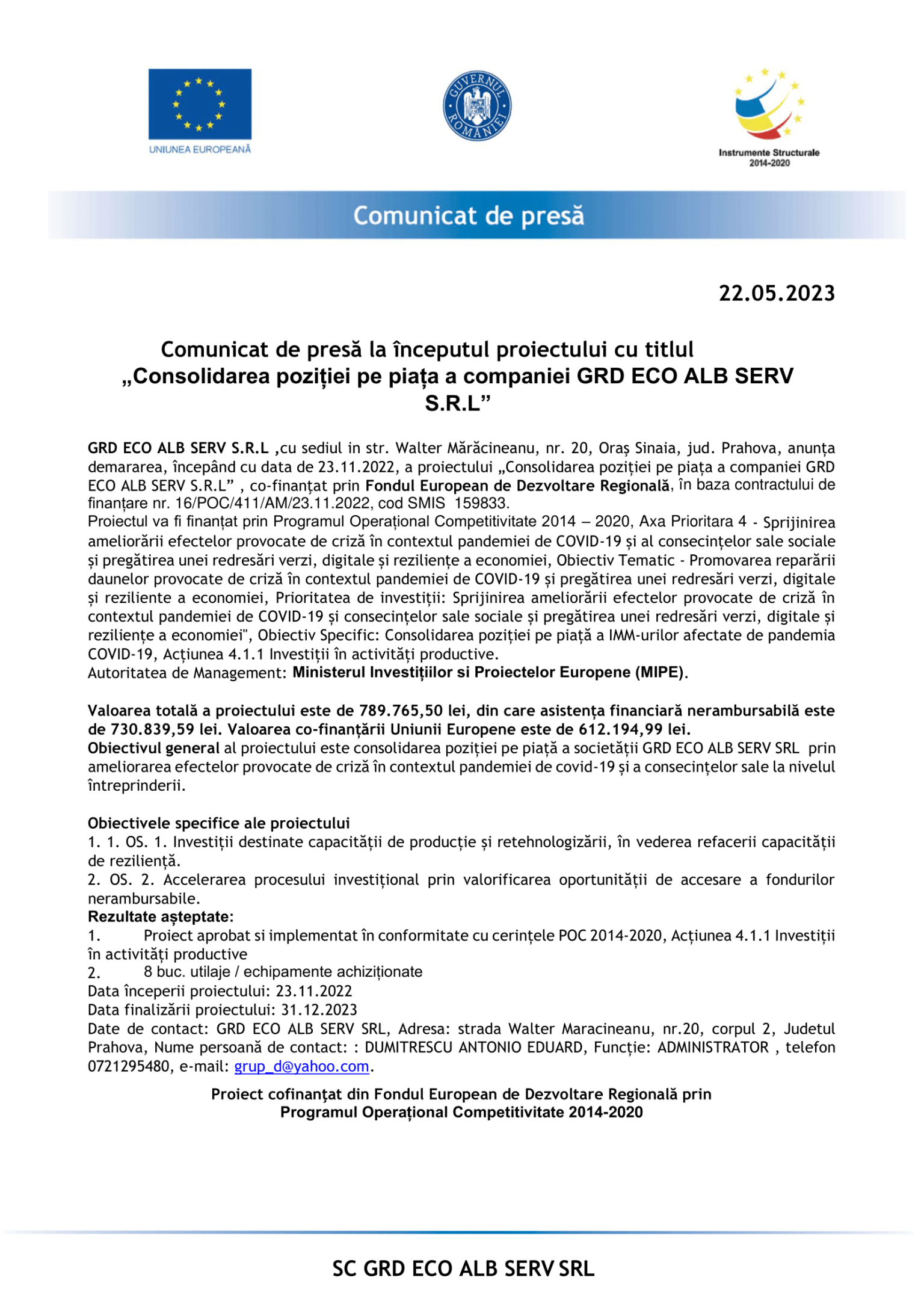 Macheta Comunicat de presa- inceput GRD ECO ALB SERV