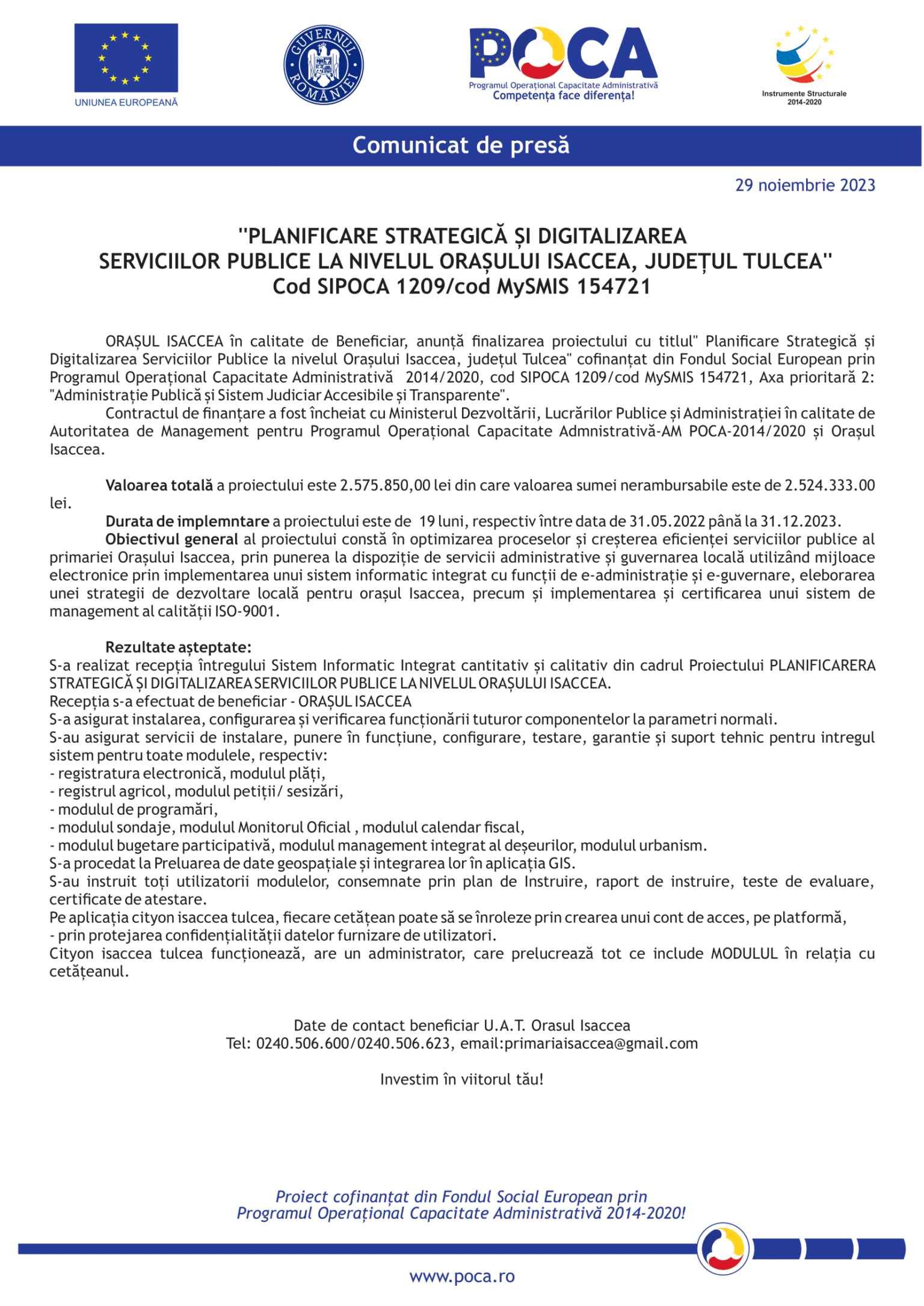 comunicat de presa isaccea noiembrie