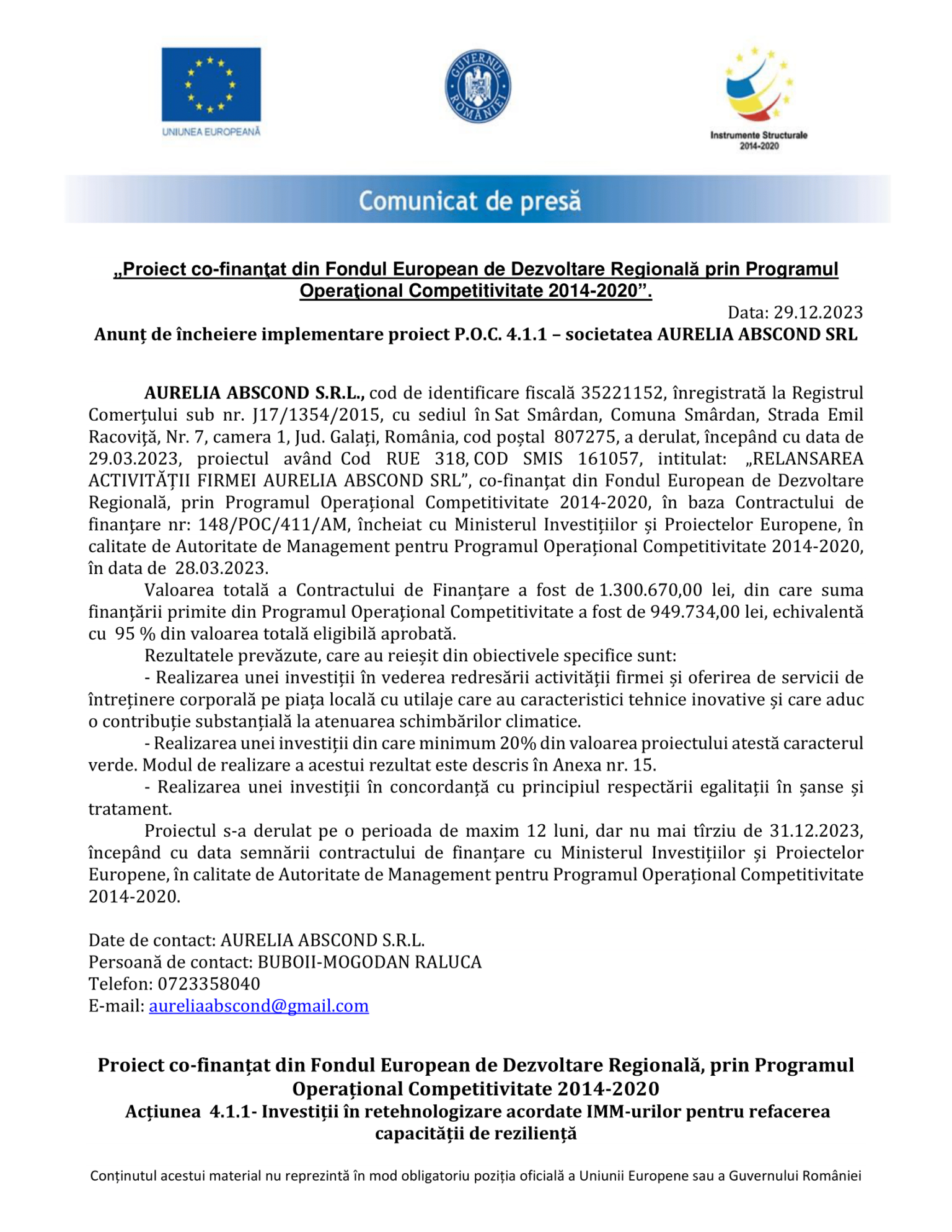 Anunt de presa incheiere de proiect- AURELIA ABSCOND-1