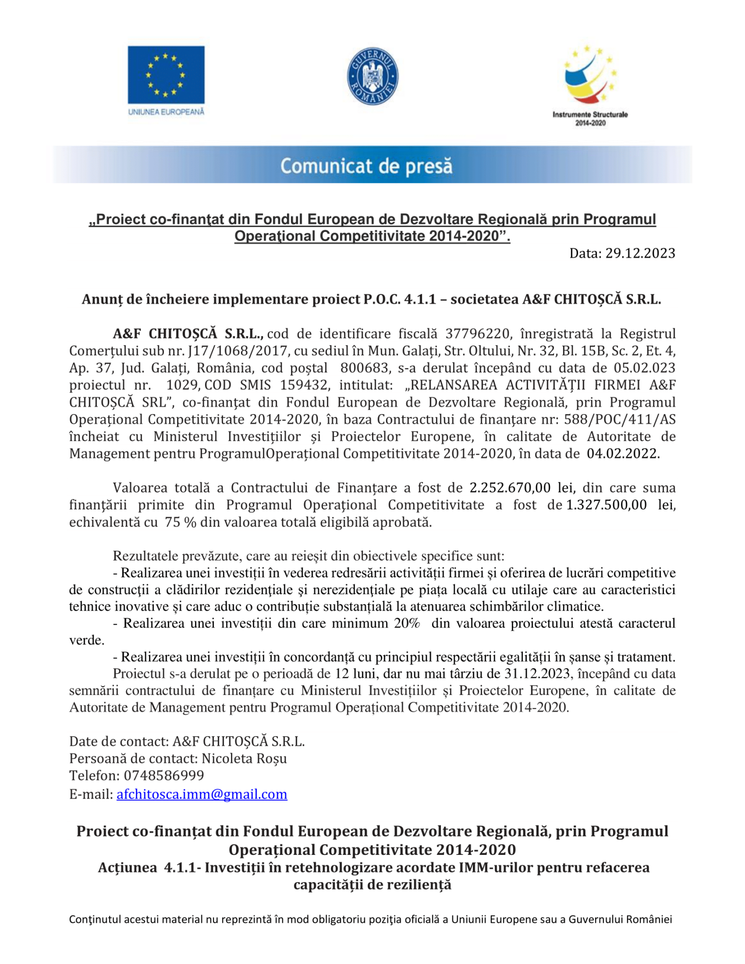 Anunt de presa incheiere proiect-A&F CHITOSCA-1