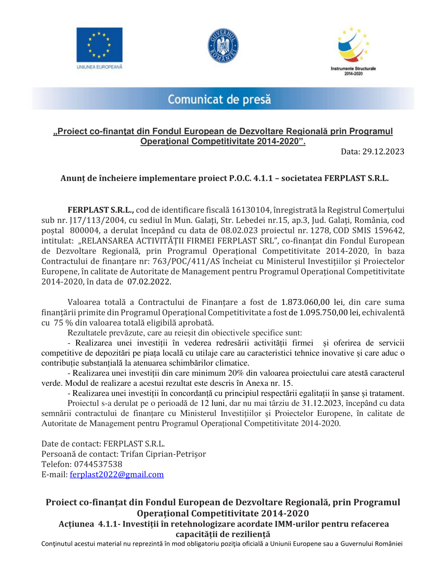 Anunt de presa incheiere proiect-FERPLAST-1