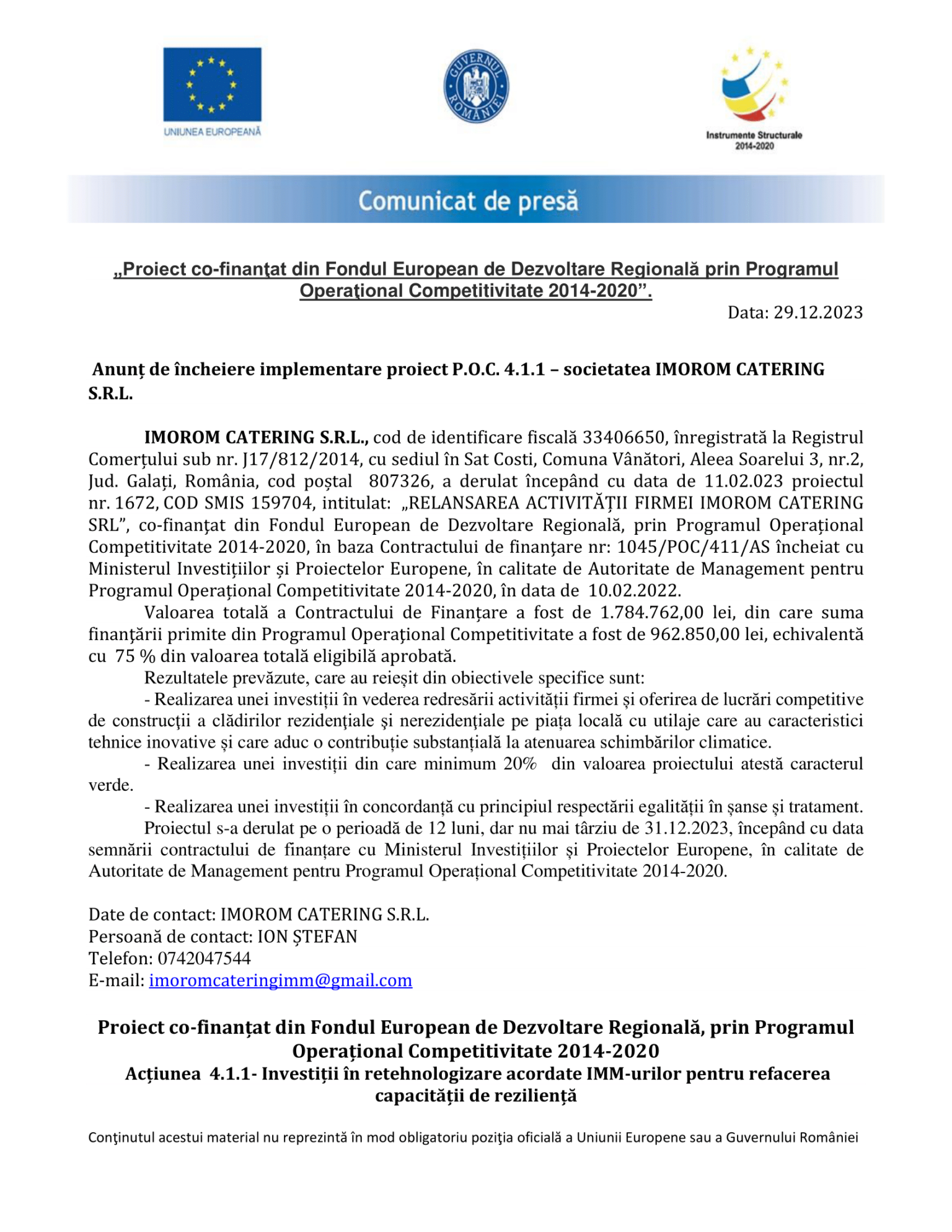 Anunt de presa incheiere proiect-IMOROM CATERING-1