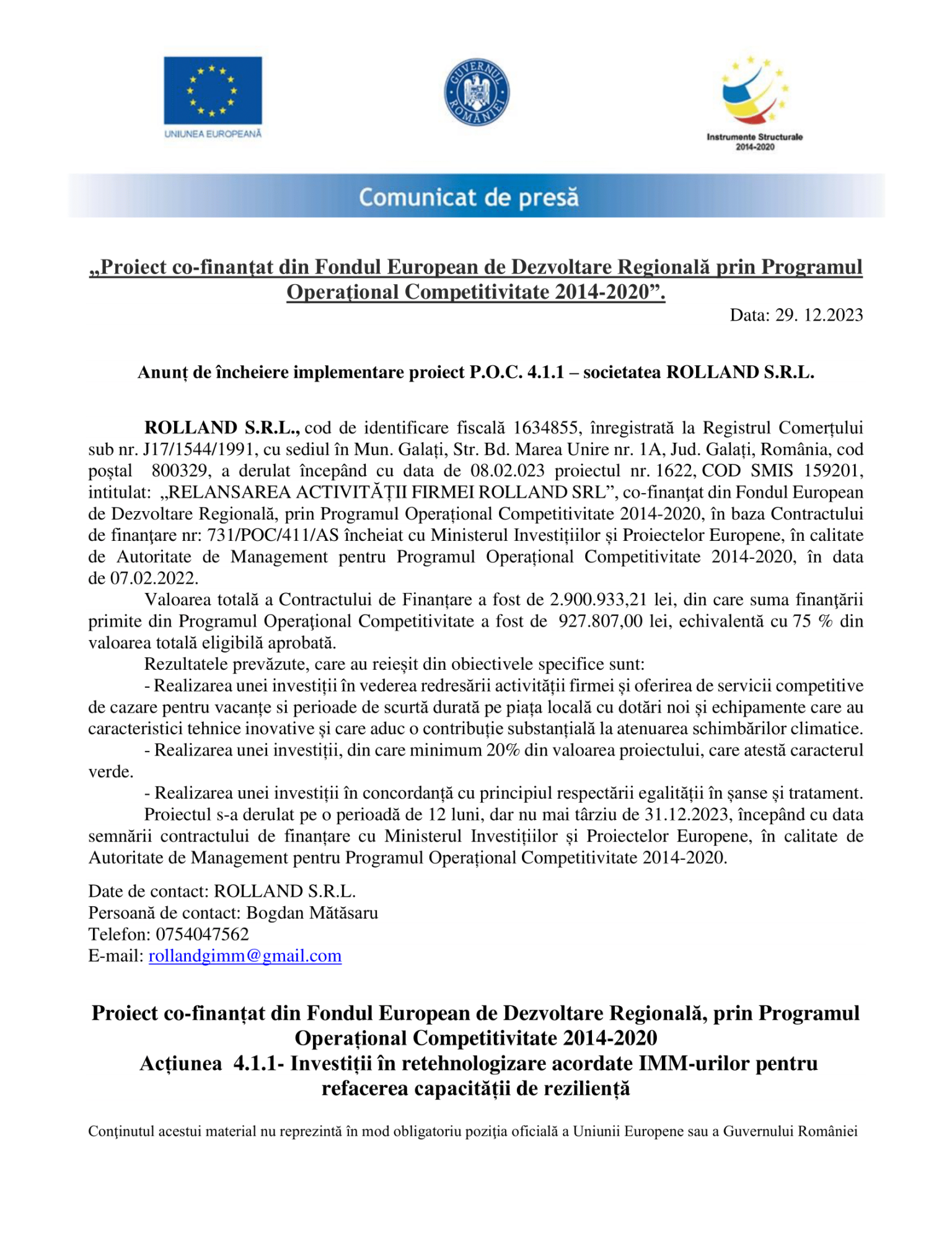 Anunt de presa incheiere proiect-ROLLAND-1