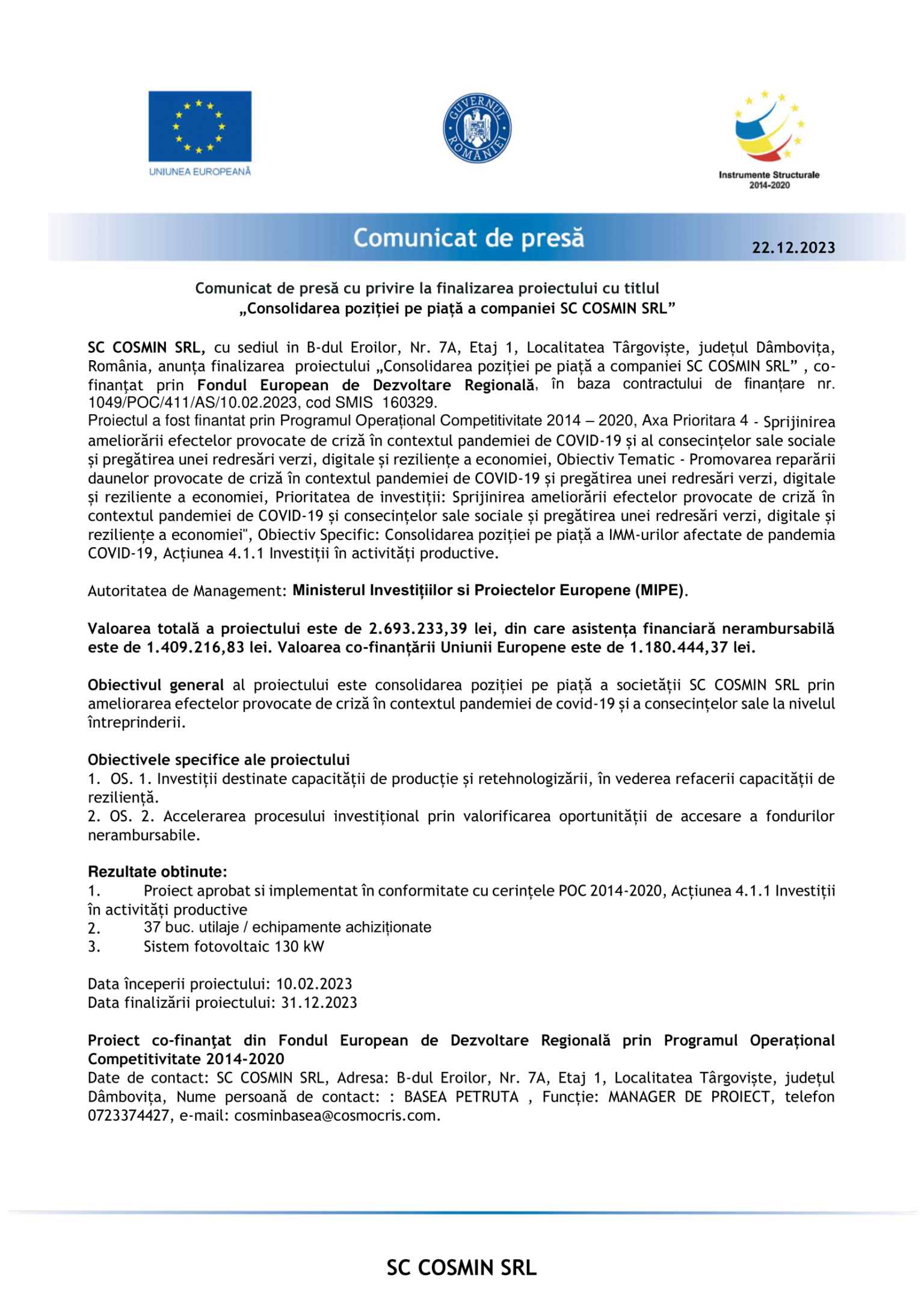 Macheta Comunicat de presa- finalizare Cosmin SRL-1-min