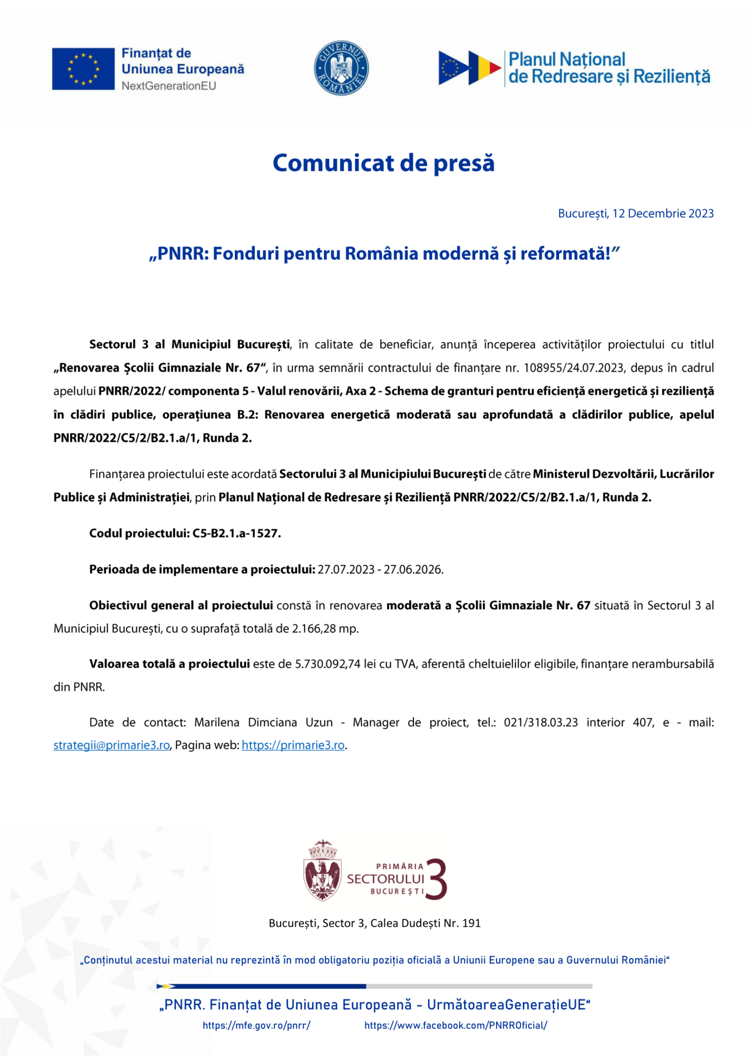 PS3 - Lot 12 - „Renovarea... scolii nr. 67“ - C5-B2.1a-1527 - comunicat lansare proiect-1