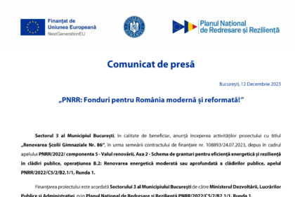 PS3 - Lot 13 - „Renovarea... scolii nr. 86“ - C5-B2.1a-168 - comunicat lansare proiect-1