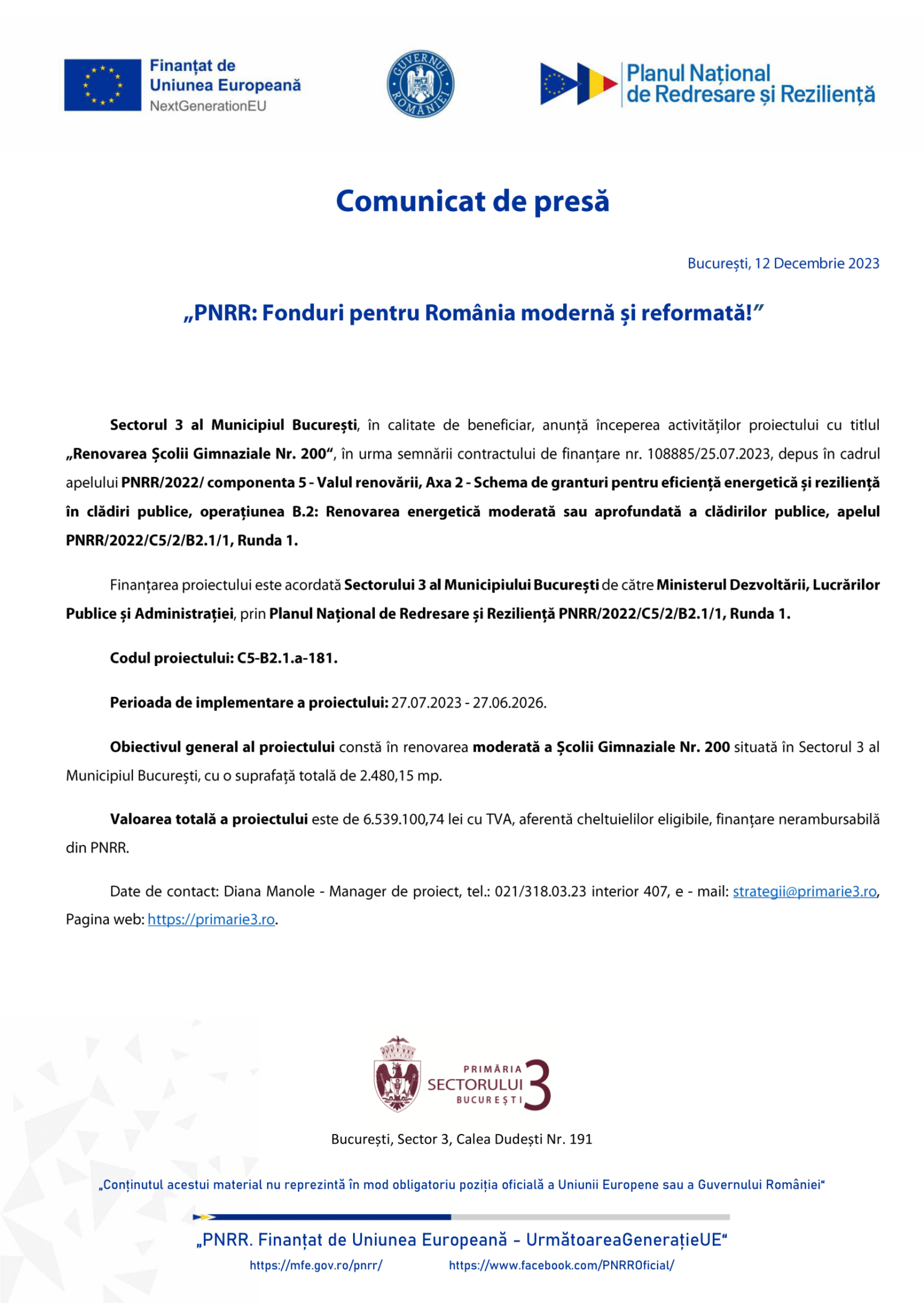 PS3 - Lot 15 - „Renovarea... scolii nr. 200“ - C5-B2.1a-181 - comunicat lansare proiect-1