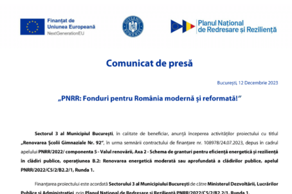 PS3 - Lot 16 - „Renovarea... scolii nr. 92 - C5-B2.2a-33“ - comunicat lansare proiect-1