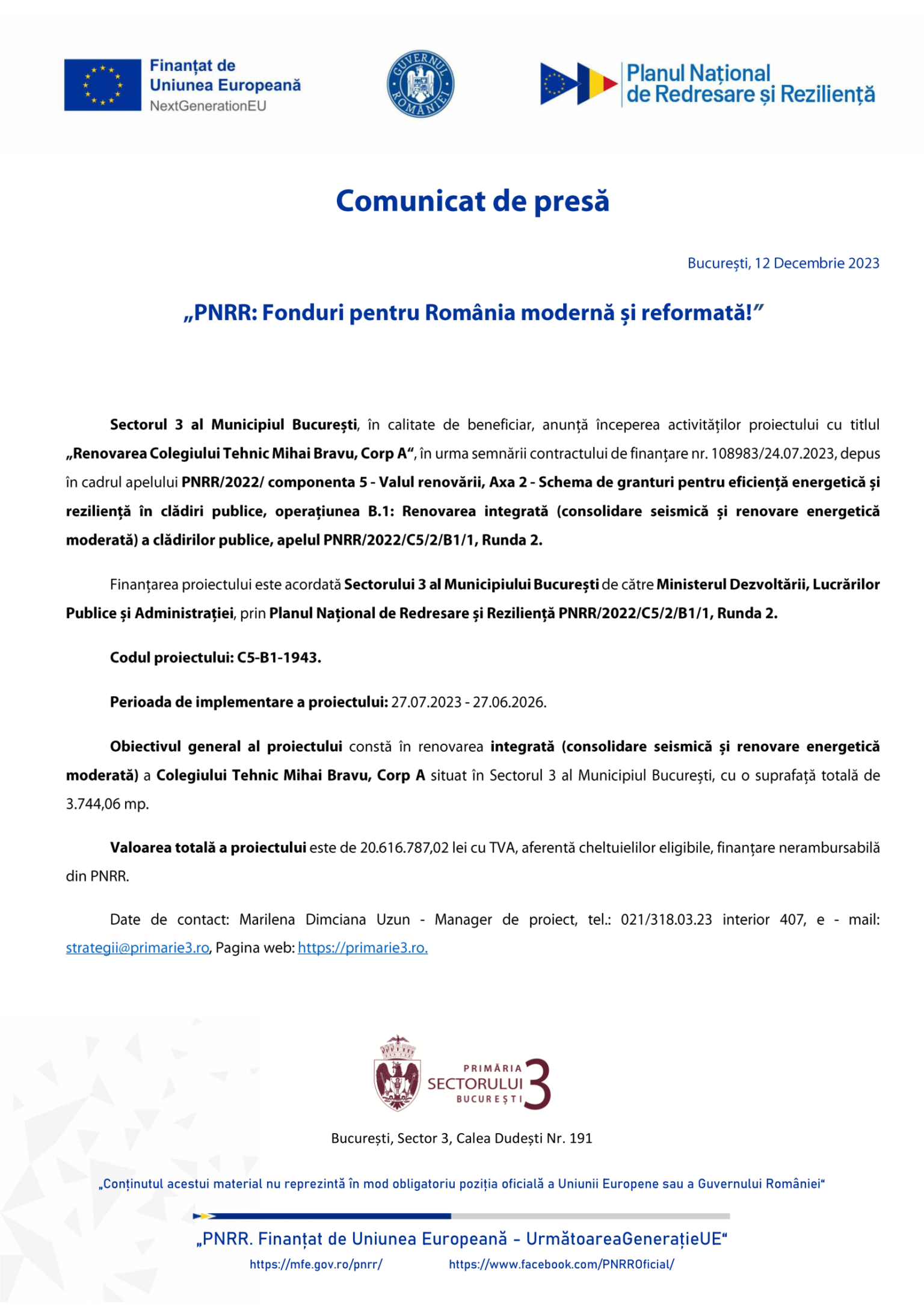 PS3 - Lot 2 - „Renovarea... Mihai Bratu...“ - C5-B1-1943 - comunicat lansare proiect-1