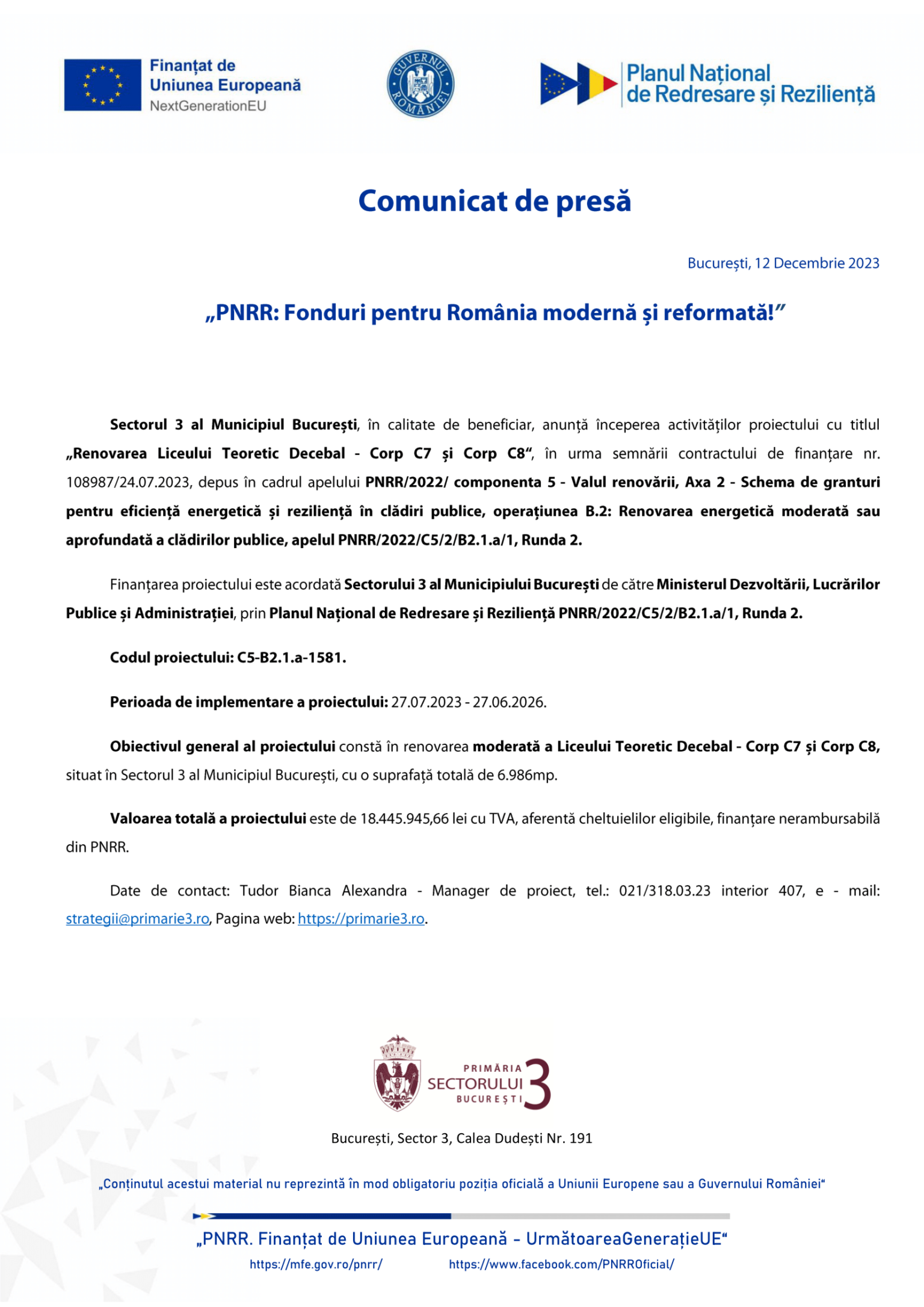 PS3 - Lot 3 - „Renovarea... Decebal...C7-C8“ - C5-B2.1a-1581 - comunicat lansare proiect-1