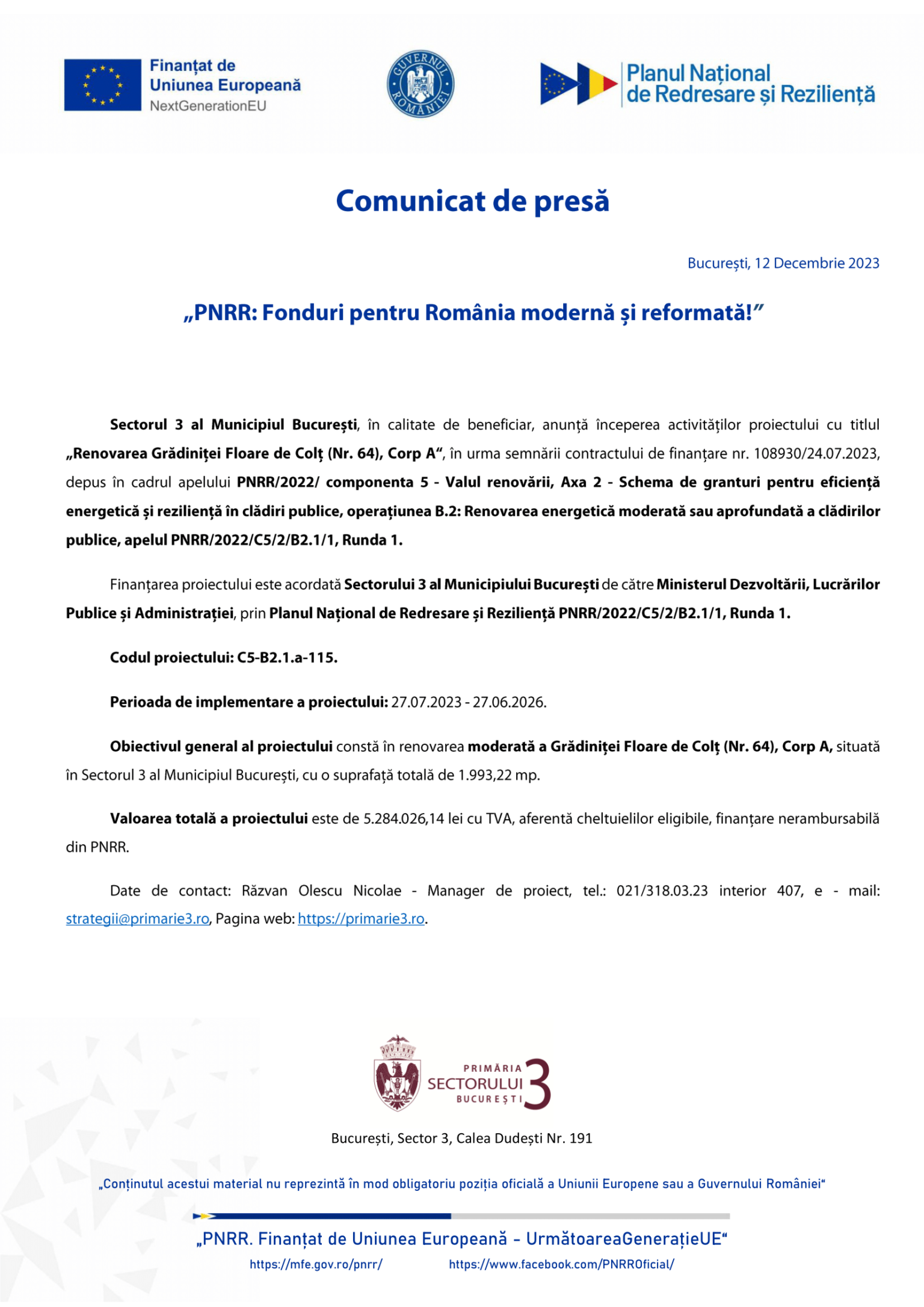 PS3 - Lot 5 - „Renovarea... Floare de Colt...“ - C5-B2.1a-115 - comunicat lansare proiect-1