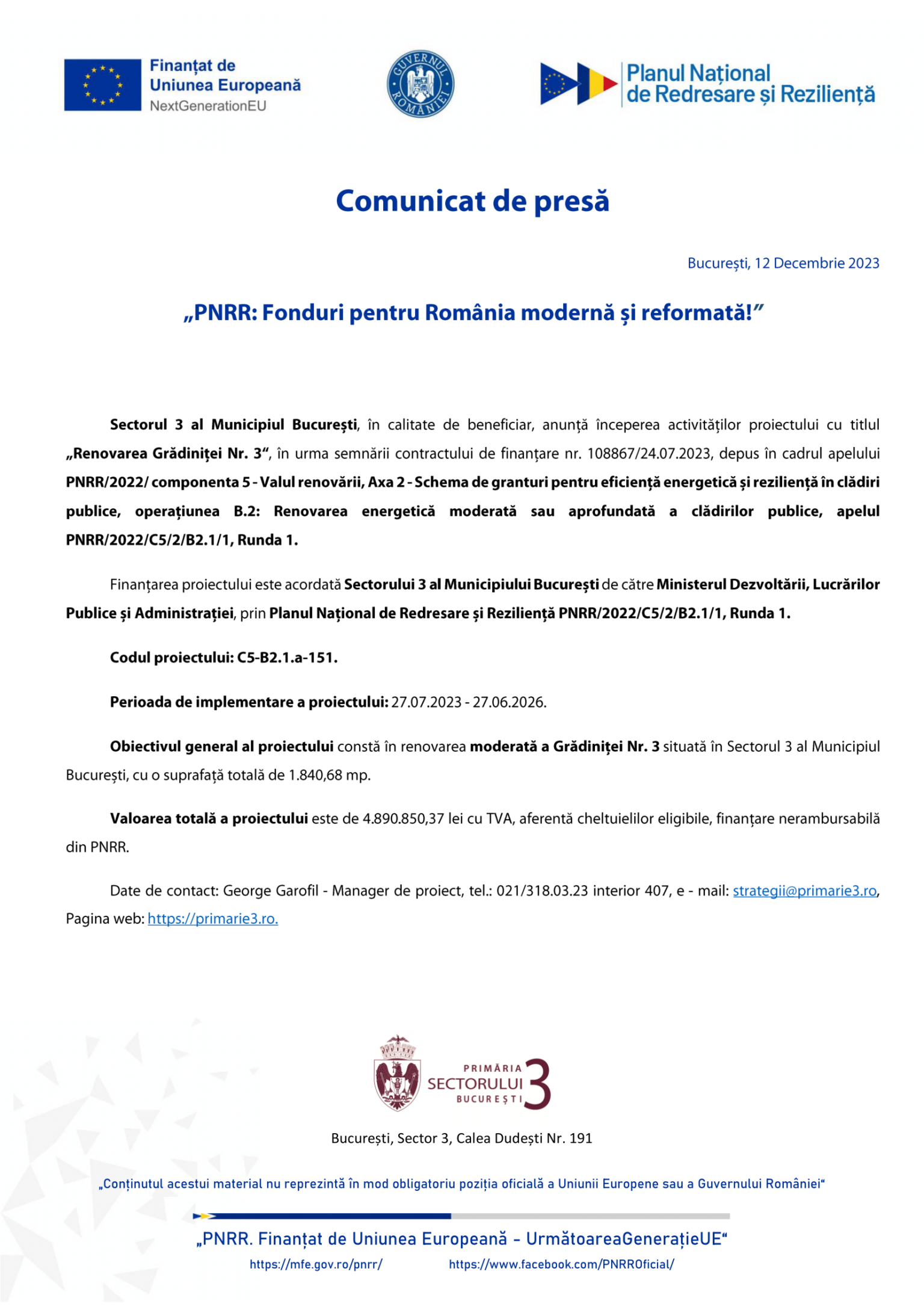 PS3 - Lot 6 - „Renovarea... Gradinitei nr. 3...“ - C5-B2.1a-151 - comunicat lansare proiect-1