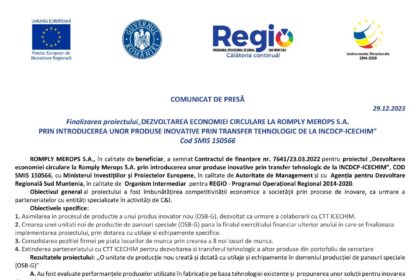 Romply Merops - Dezvoltarea economiei durabile ....comunicat finalizare proiect cod SMIS 15056