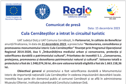 comunicat de presa Cula Cernăteștilor
