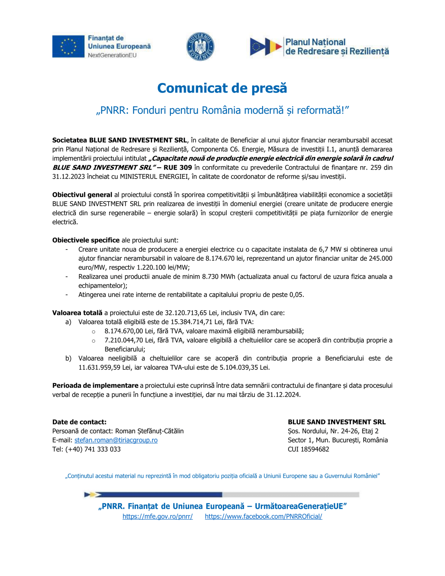 Comunicat demarare proiect_Blue Sand Investment SRL-1-min