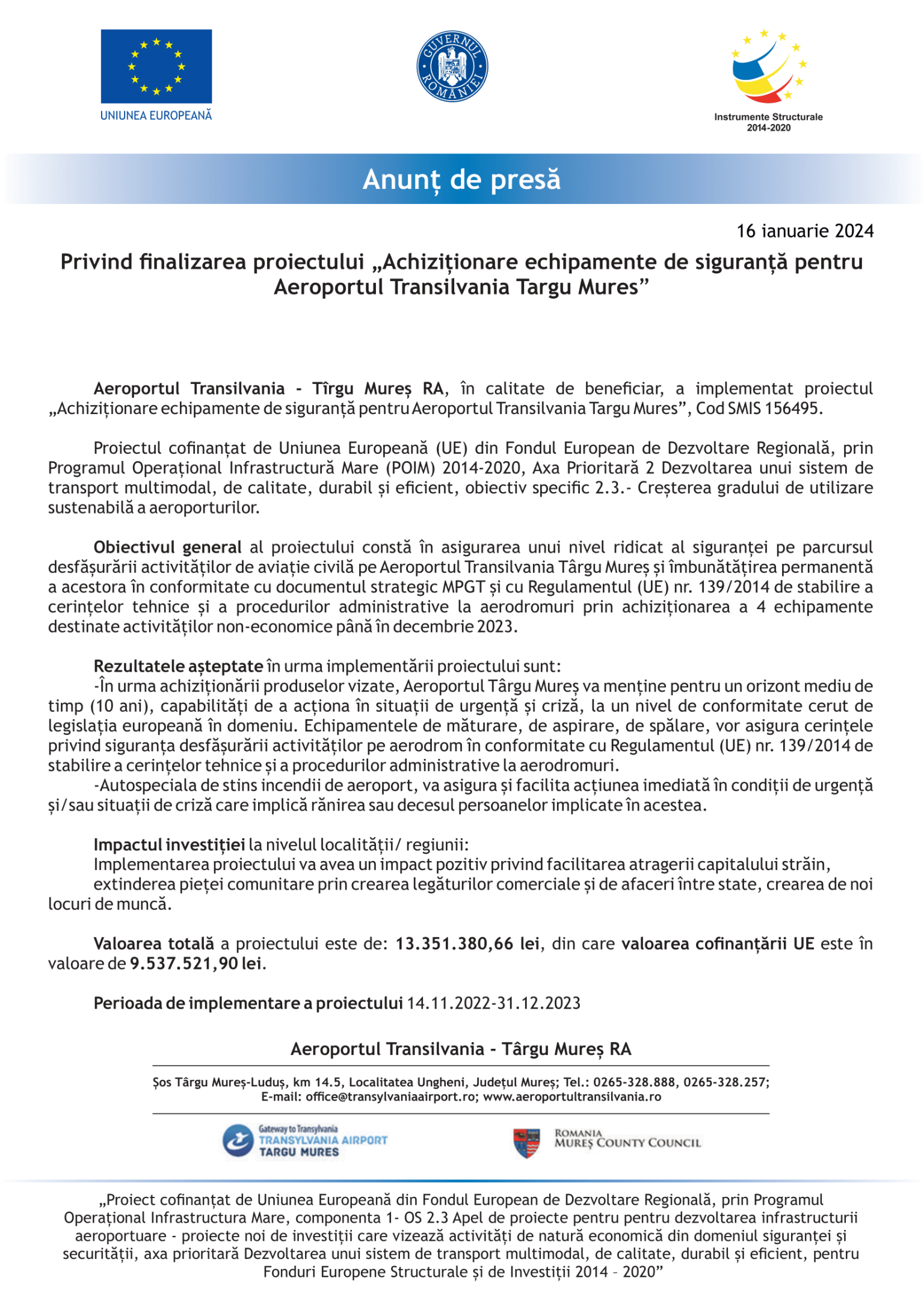 Comunicat finalizare Aeroportul Transilvania Targu Mures 16 ianuarie-1-min
