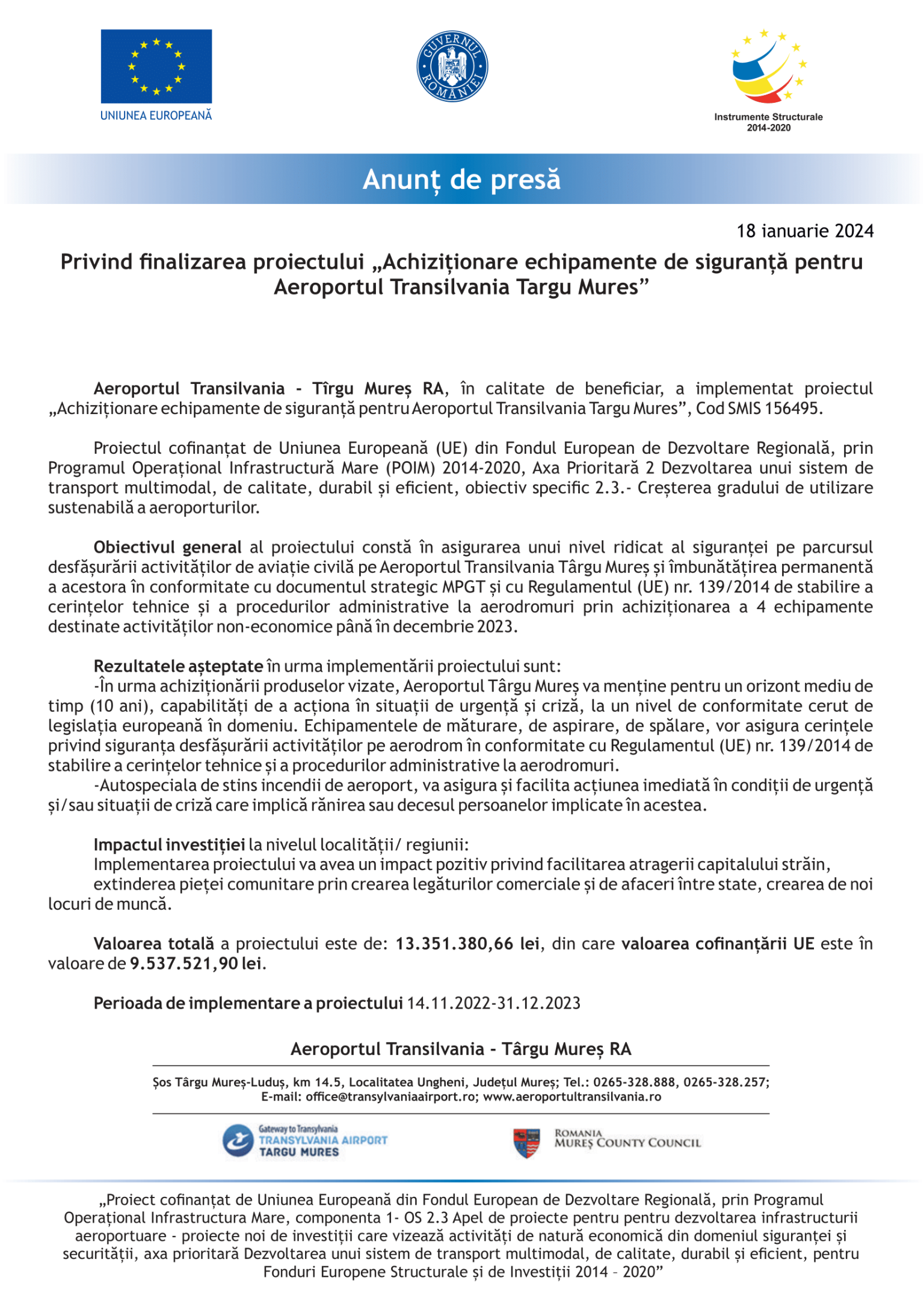 Comunicat finalizare Aeroportul Transilvania Targu Mures 18 ianuarie-1-min