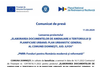 Com. Domnesti - „Elaborarea... PUG...“ - C10-I4-584 - comunicat lansare proiect