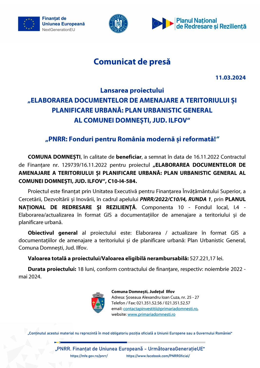 Com. Domnesti - „Elaborarea... PUG...“ - C10-I4-584 - comunicat lansare proiect