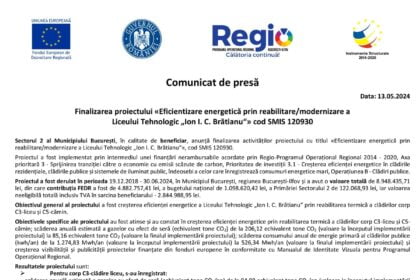 PS2 - „Eficientizare... Bratianu“ - SMIS 120930 - comunicat finalizare proiect