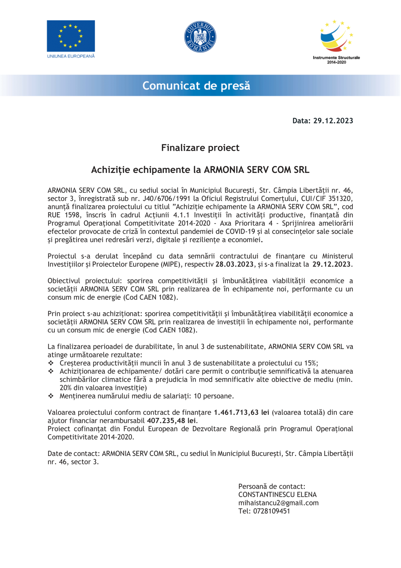 Comunicat de Presa - finalizare proiect ARMONIA SERV COM-1