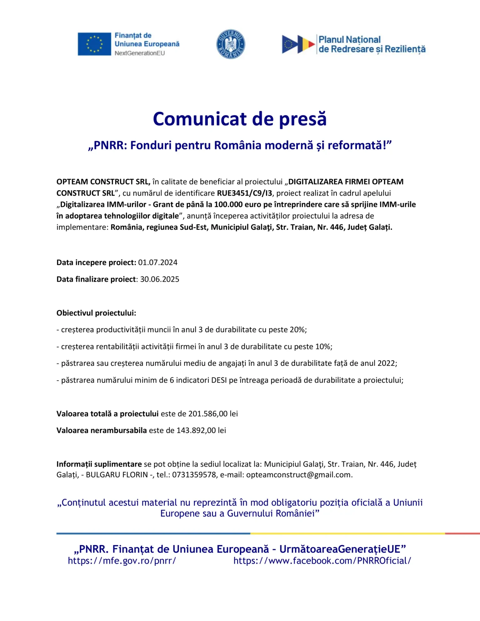 01. OPTEAM CONSTRUCT SRL -- anunt de presa-1-min