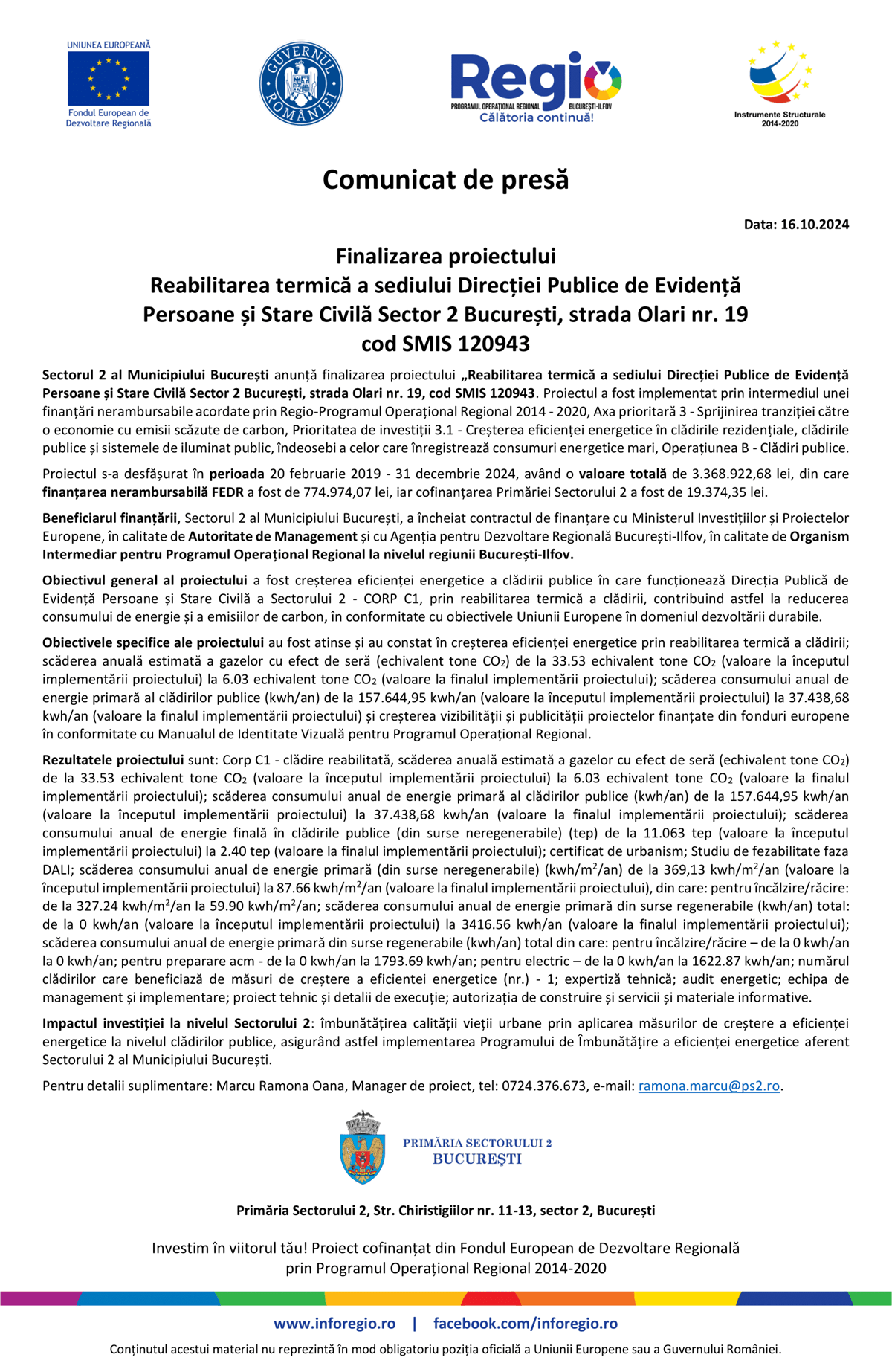 PS2 - „Reabilitarea... Stare Civila...“ - SMIS 120943 - comunicat finalizare proiect