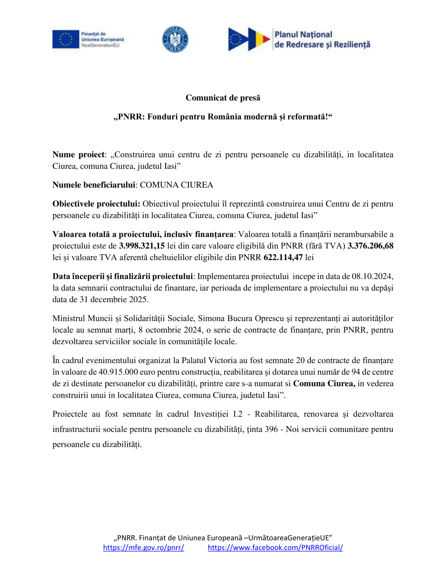 Comunicat de presa COMUNA CIUREA