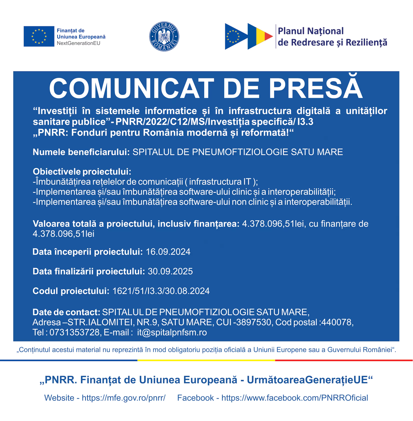Investiții în sistemele informatice și în infrastructura digitală a unităților sanitare publice – PNRR/2022/C12/MS/ Investiția Specifică/ I3.3