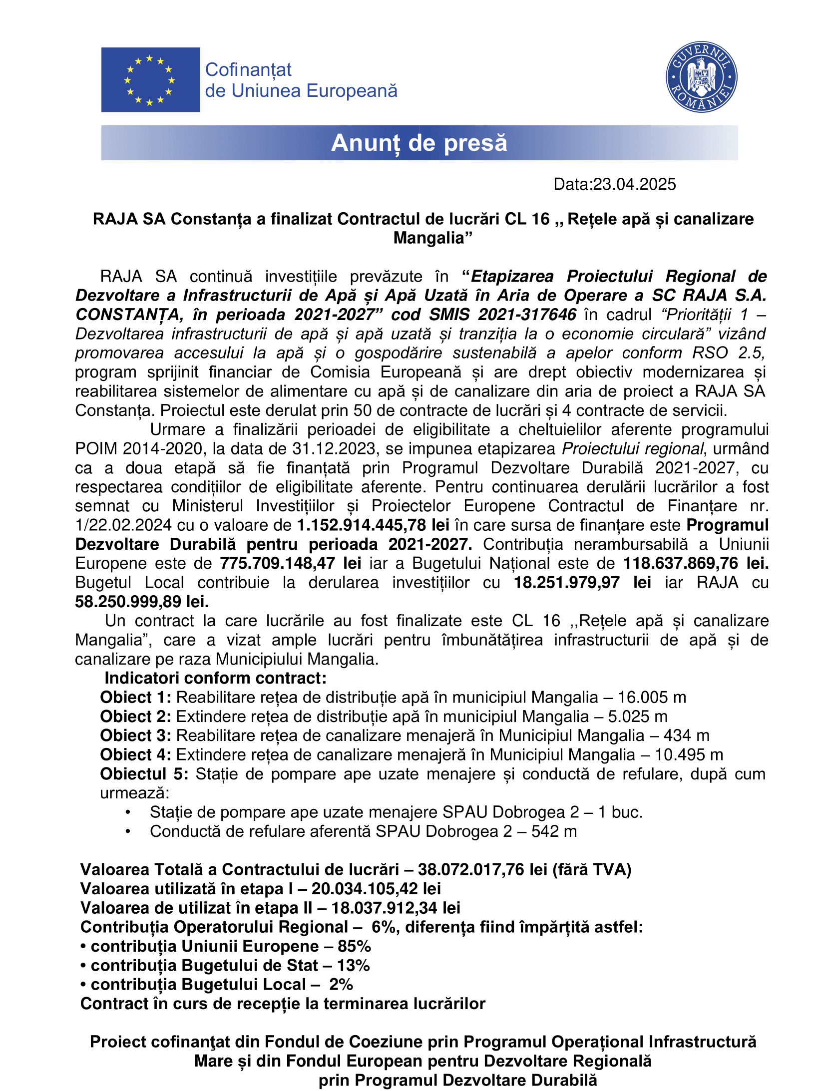 RAJA SA Constanța a finalizat Contractul de lucrări CL 16 „Rețele apă și canalizare Mangalia”