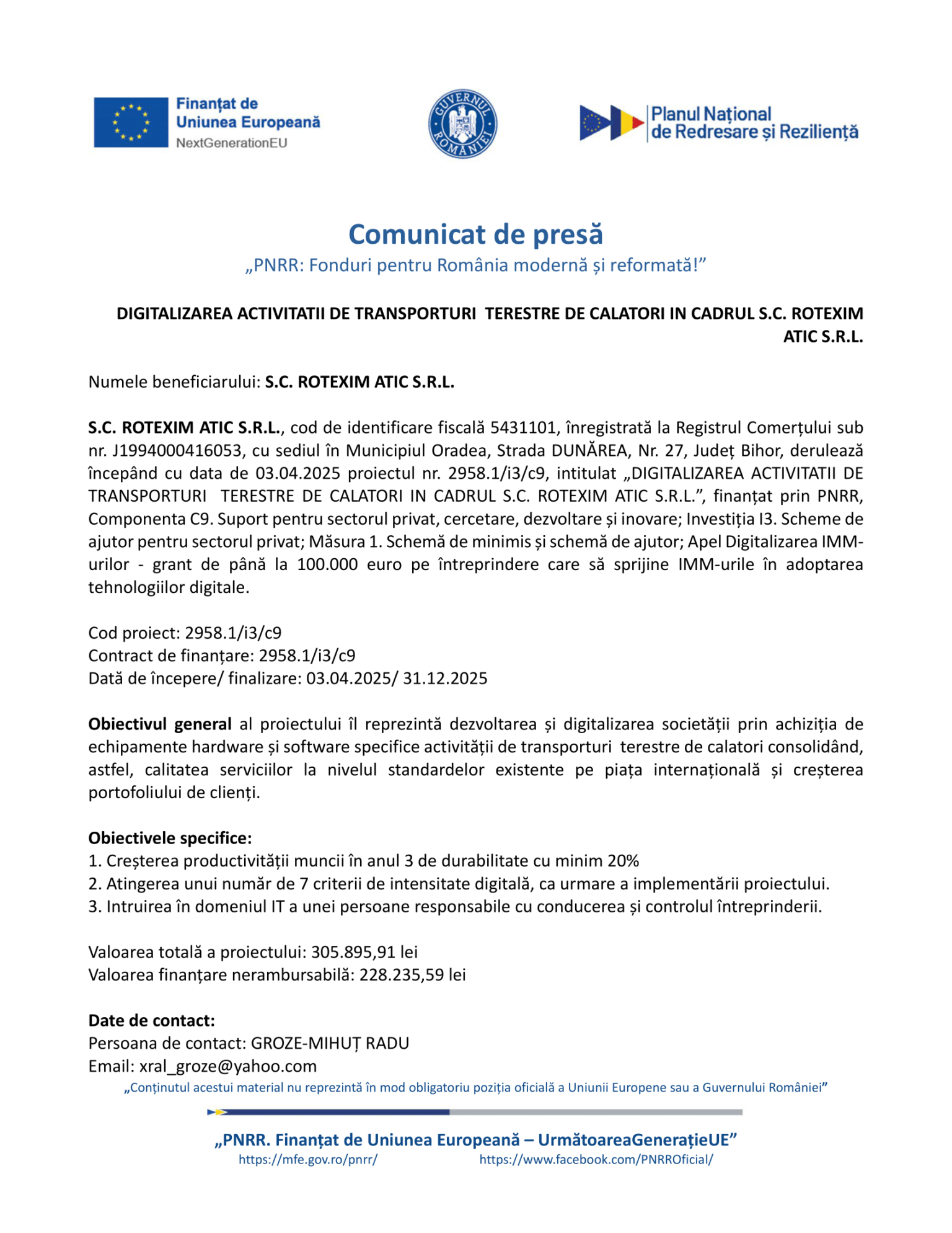 Comunicat de Presa PNRR Incepere Proiect ROTEXIM