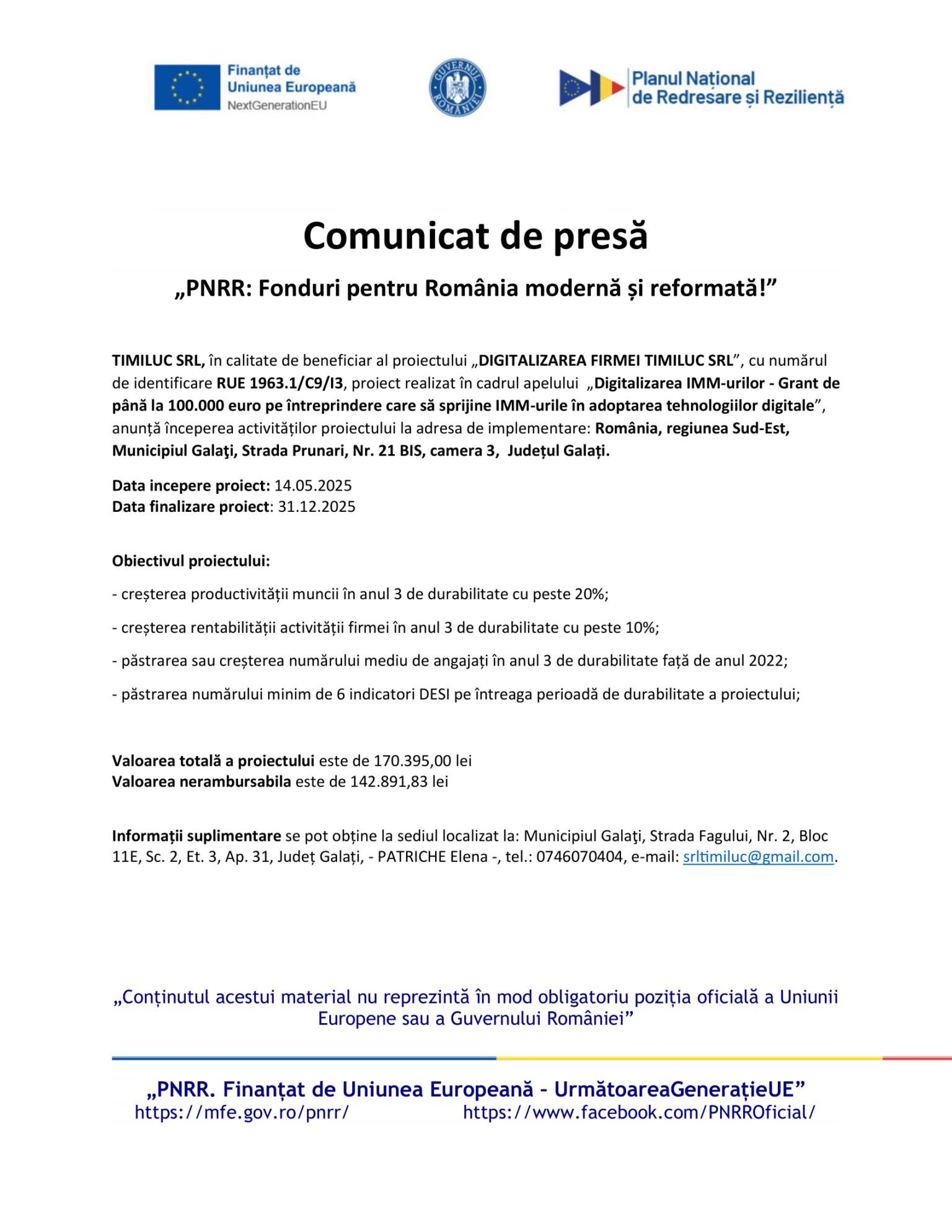 Anunt de presa TIMILUC SRL-1