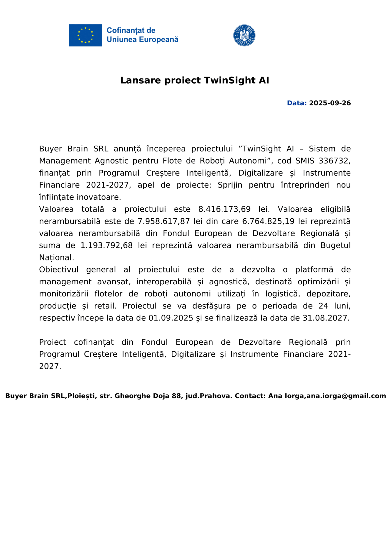 Anunt Lansare proiect TwinSight AI-1