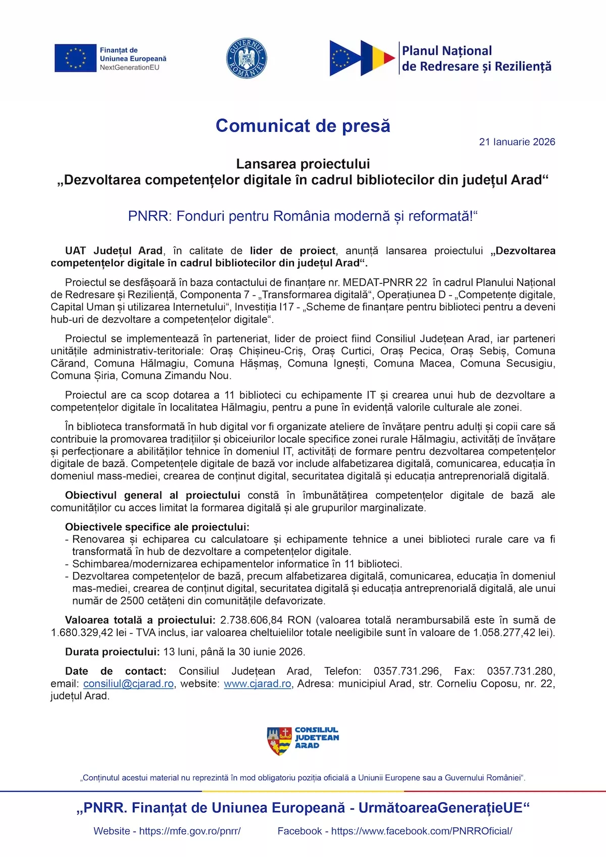 Lansarea proiectului „Dezvoltarea competențelor digitale în cadrul bibliotecilor din județul Arad“