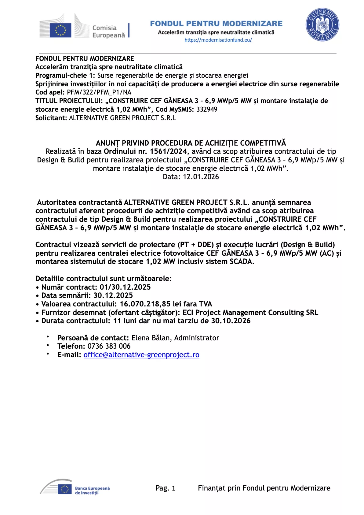 ANUNȚ PRIVIND PROCEDURA DE ACHIZIȚIE COMPETITIVĂ