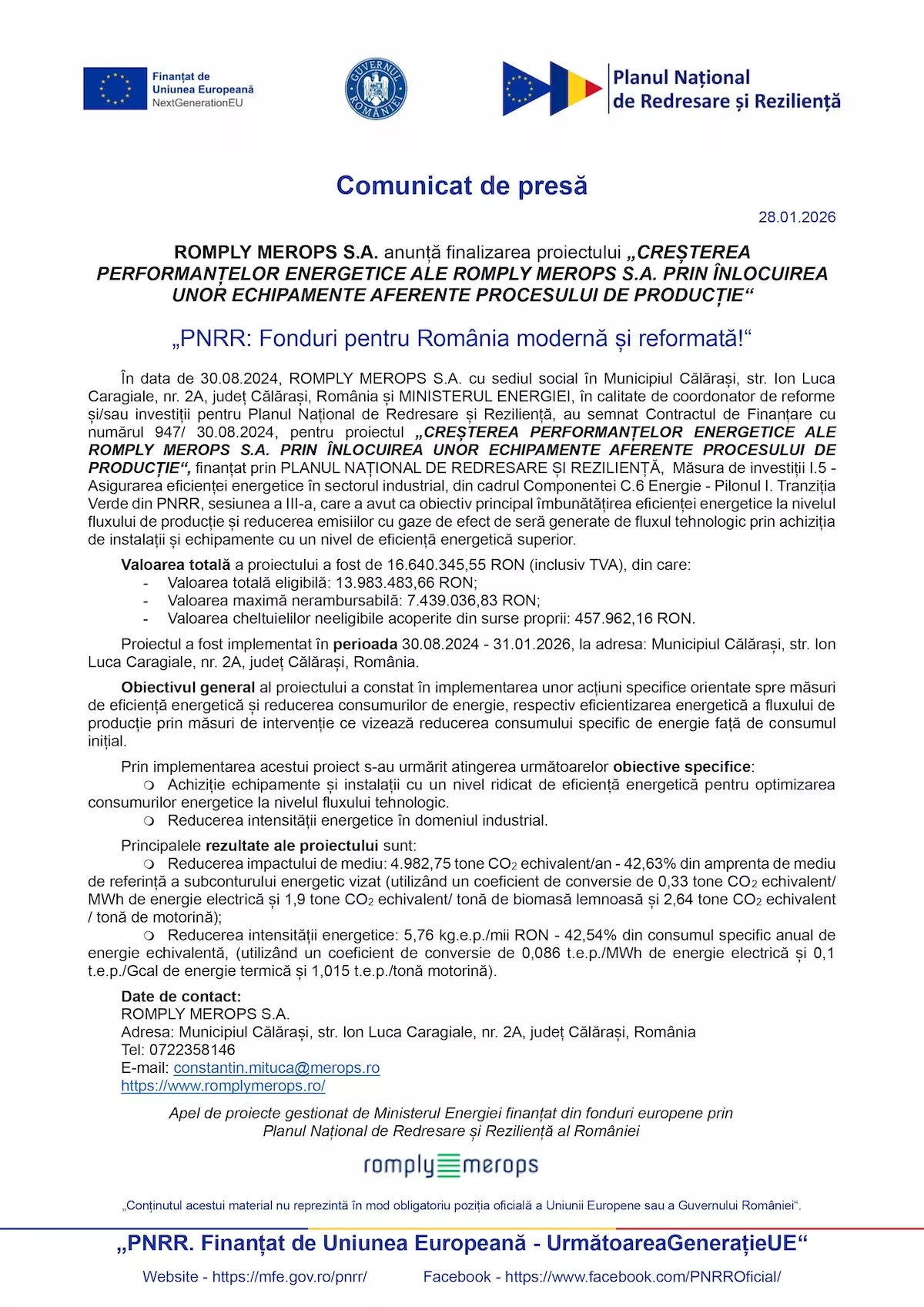 ROMPLY MEROPS S.A. anunță finalizarea proiectului „CREȘTEREA PERFORMANȚELOR ENERGETICE ALE ROMPLY MEROPS S.A. PRIN ÎNLOCUIREA UNOR ECHIPAMENTE AFERENTE PROCESULUI DE PRODUCȚIE”