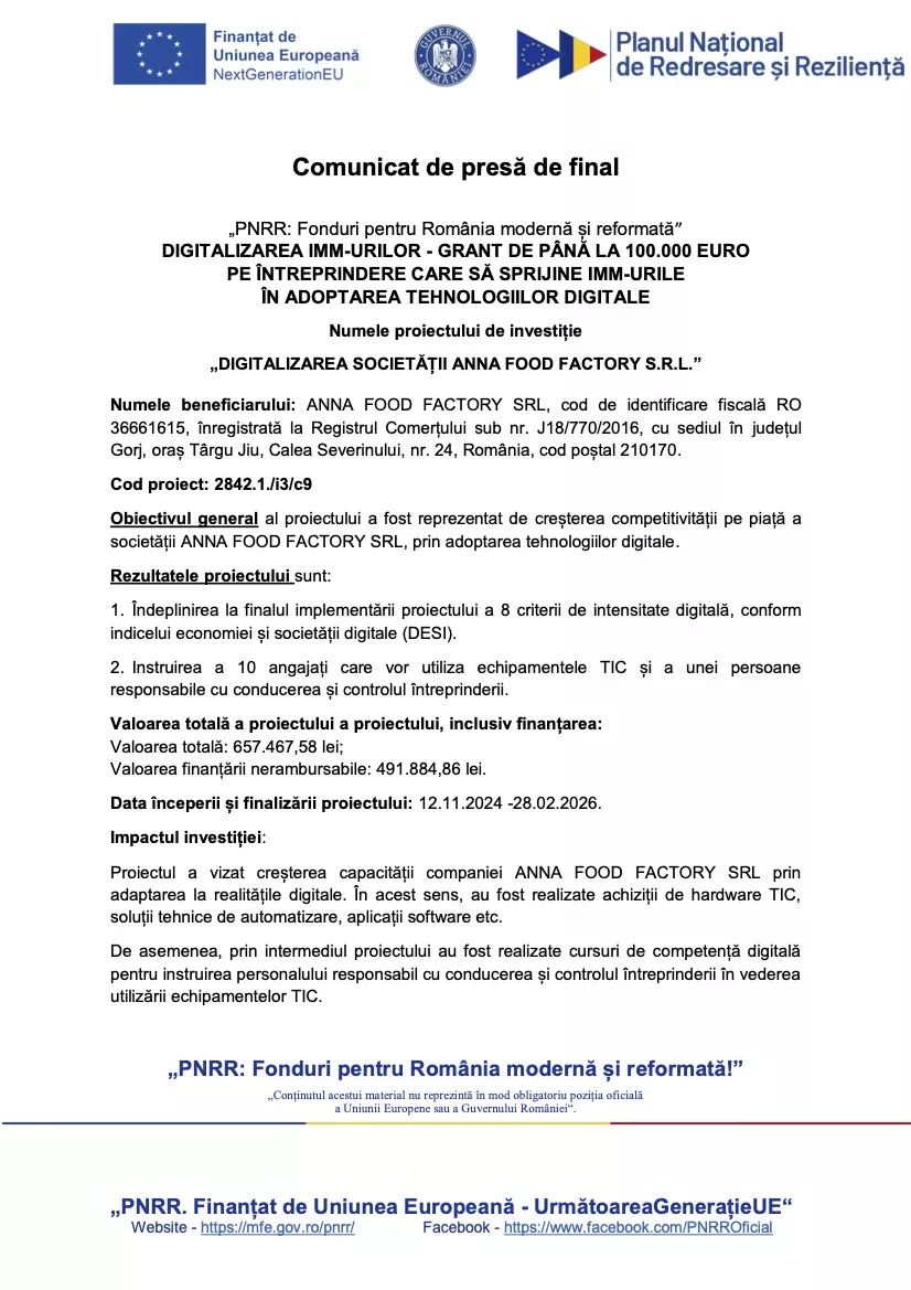 Comunicat de presa de final ANNA FOOD FACTORY SRL