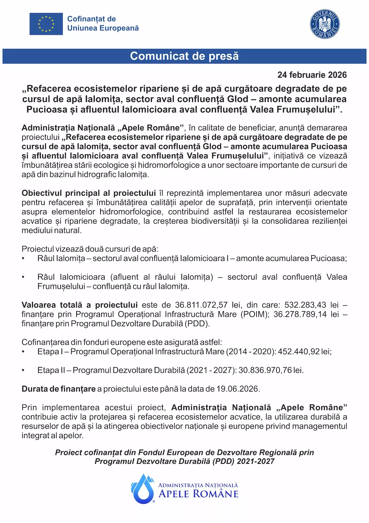 „Refacerea ecosistemelor ripariene și de apă curgătoare degradate de pe cursul de apă lalomița, sector aval confluență Glod – amonte acumularea Pucioasa și afluentul lalomicioara aval confluență Valea Frumușelului”