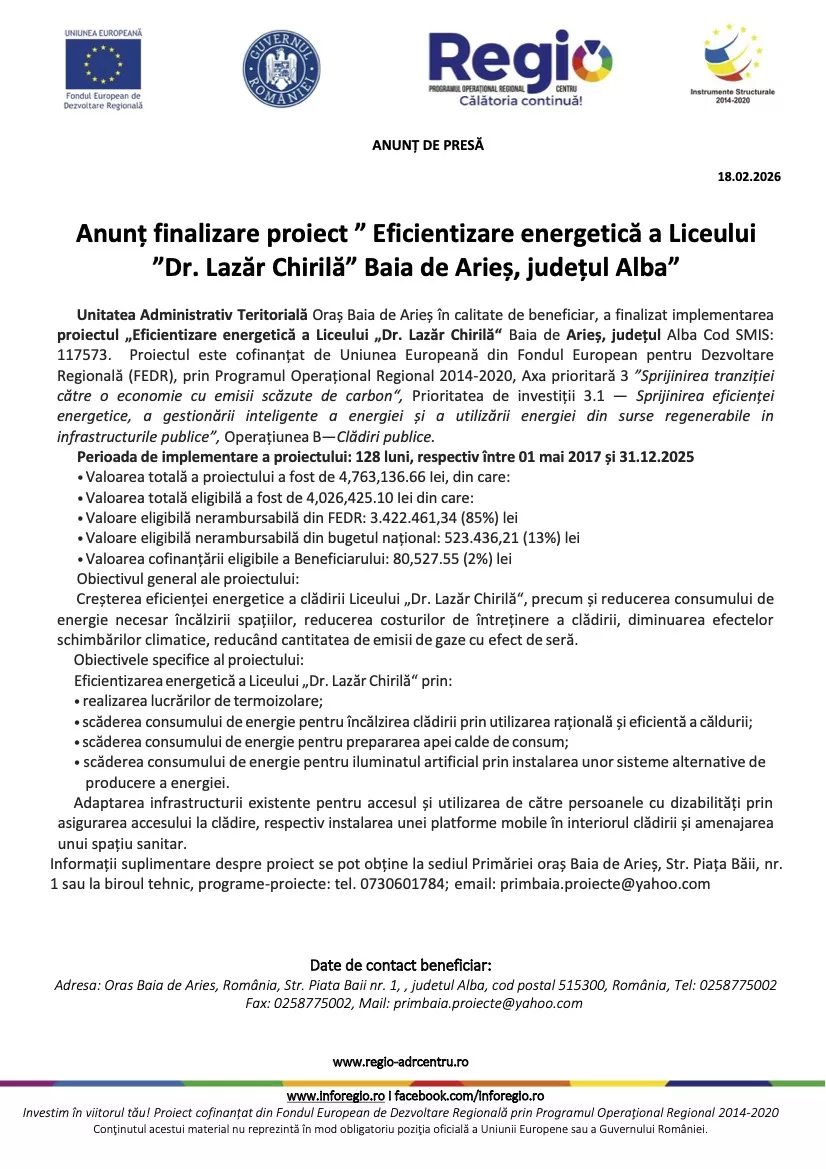 Anunț finalizare proiect „Eficientizare energetică a Liceului Dr. Lazăr Chirilă Baia de Arieș, județul Alba”