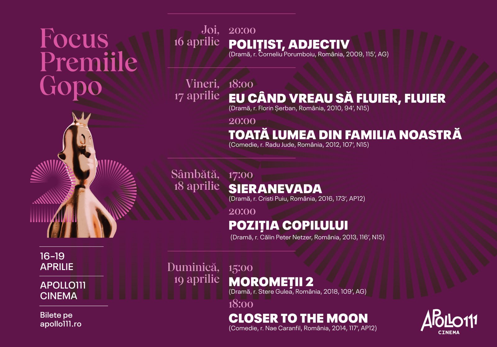 Maraton Gopo: filme câștigătoare revin pe marele ecran – selecție aniversară la Apollo111 Cinema