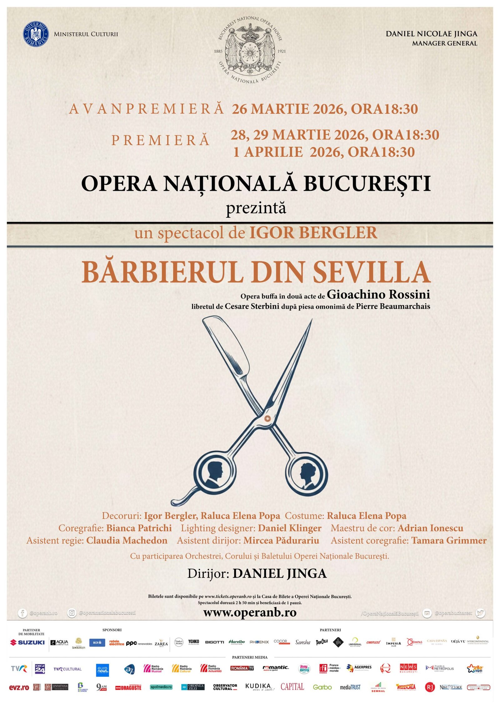 Premiera operei „Bărbierul din Sevilla”, într-o nouă viziune semnată de Igor Bergler, pe scena ONB